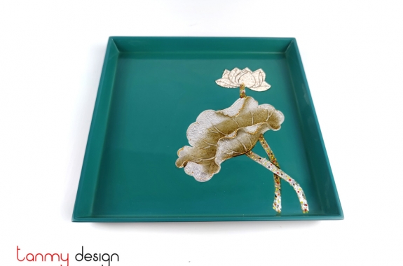 Small blue square lacquer tray hand-painted with lotus 22 cm